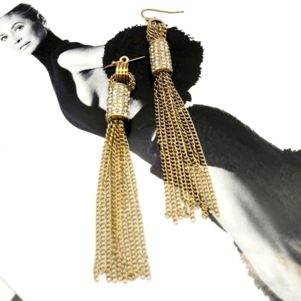 NWT Crystal Champagne Gold Plated Long Tassel Earrings